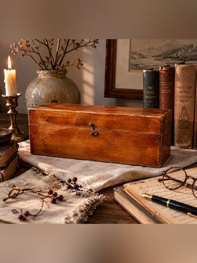 Vintage Wooden Writing Box Rustic Primitive Storage Chest Dark Academia Decor